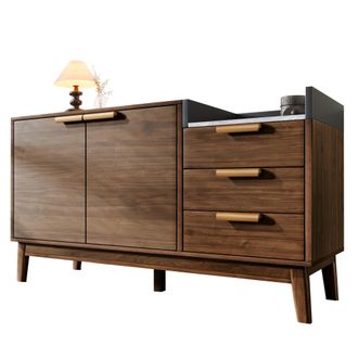 STILVORA Aparador Con 3 Cajones, Hueco Abierto Y 2 Puertas, Estante Regulable, Efecto M&aacute;rmol, En Madera Y Metal, Roble Oscuro, 120&times;40&times;77 Cm