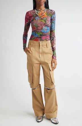 Area Crystal Embellished Floral Tulle Top in Pink Multi at Nordstrom, Size X-Small