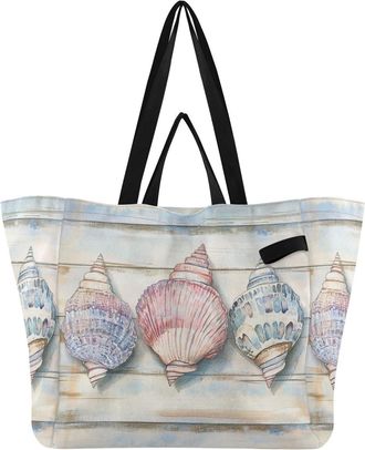 Generic Seashells Wooden White pattern Reusable Canvas Tote Bag, Heavy Duty Grocery Shopping Bag with Double Handles Hard Bottom Large Capacity Work Groceries