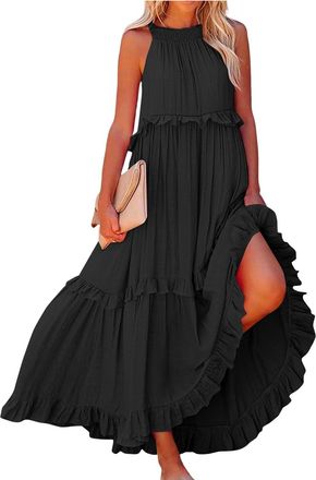 Generic Womens Summer Maxi Dresses Elegant Loose Sleeveless Vacation Dress Flowy Ruffle Boho Beach Party Long Dresses