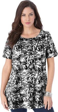 Roaman's Plus Size Ultimate Cotton Crewneck Short Sleeve Swing Tee in Black Graphic Leaves at Nordstrom, Size Medium