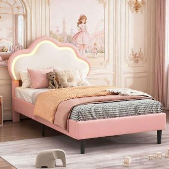 OEM Cama Lit De 90x200 Con Cabecera Nubes Led - Similcuero, Somier De Lamas, Marco De Cama 90x200, Rosa