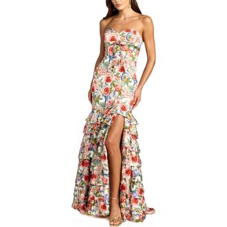 Mac Duggal Strapless Floral Charmeuse Ruffle A Line Gown in Ivory Multi at Nordstrom, Size 12
