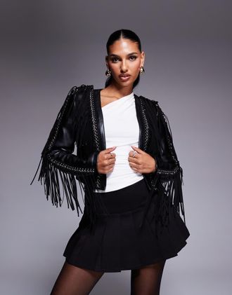 Azalea Wang Azalea Wang - Olivier - Giacca corta in pelle sintetica nera con frange-Nero