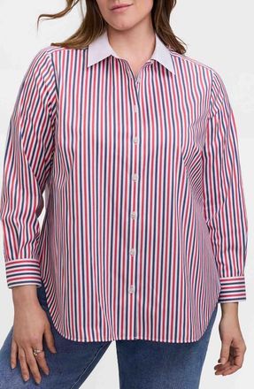 Foxcroft Stripe Boyfriend Button-Up Shirt in Navy Blue/Red at Nordstrom, Size 2 X