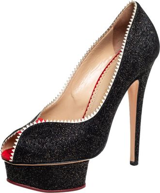 Charlotte Olympia Black Glitter And Patent Leather Scalloped Trim Peep Toe Platform Pumps