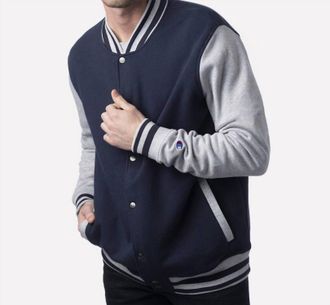 Champion Snap Up Athletic Wear Varsity Bomber Jacket In Navy Blue Grey