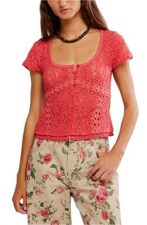 Free People Claro Semi Sheer Lace & Tulle Top in Aged Coral at Nordstrom, Size X-Small