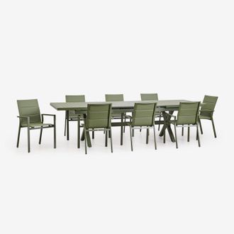 Sklum Set De Mesa Extensible Rectangular 240-300x100 Cm Y 8 Sillas De Jard&iacute;n Apilables Con Reposabrazos En Aluminio Karena Sklum