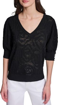 Karl Lagerfeld Floral Puff Sleeve Sweater in Black at Nordstrom, Size X-Small