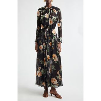 Zimmermann Luna Floral Long Sleeve Silk Burnout Maxi Dress in Black Rose at Nordstrom, Size 0P