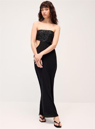 Twik Womens Shimmering neckline satin maxi dress