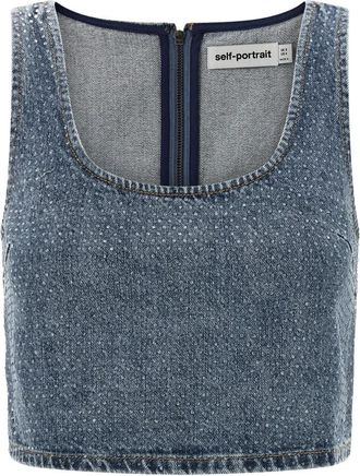Self Portrait Rhinestone Denim Crop Top - Dames - Tops zonder mouwen - Blauw - 2XS - Denim - Tops