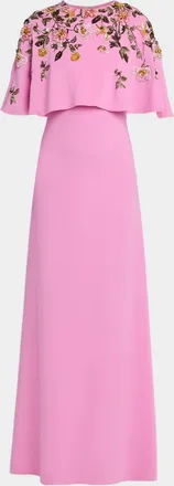 Oscar De La Renta Floral Beaded Capelet Silk Georgette Gown
