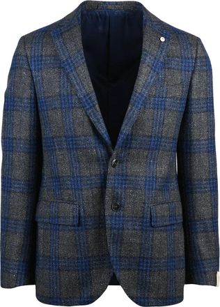 L.B.M. 1911 Textured Wool Silk Linen Blend Jacket with Checkered Pattern