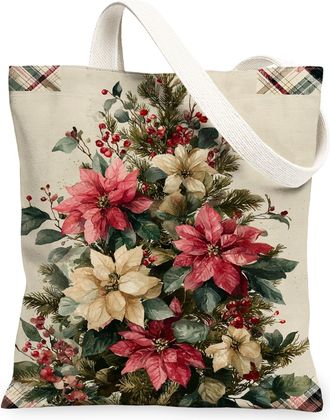 Generic Floral Canvas Tote Bags, Vintage Floral Design Reusable Grocery Bags, Lightweight Washable Shoulder Strap Canvas for Travel, Peach, 13x15 Inch