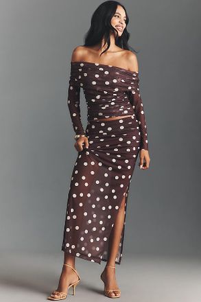 Maeve Fitted Ruched Mesh Maxi Skirt