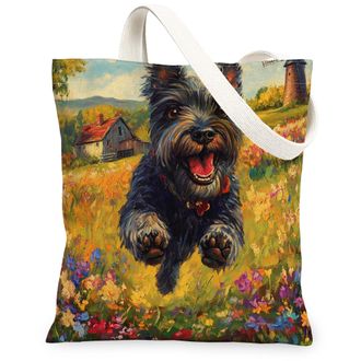 Generic Spring Scottish Terrier Dog Canvas Tote Bag for Shopping 13x15, Country Garden Puppy Reusable Grocery Print Pattern Bag for Women, Fun Flower Pet Beac