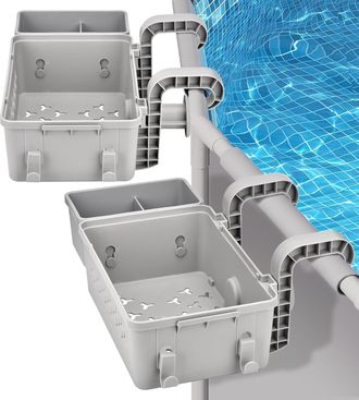 OEM Juego De 2 Cestas De Almacenamiento De Pl&aacute;stico Reciclado Gris Para Piscinas Elevadas, Con Portavasos Y Gancho. Cesta Lateral Para Accesorios De Pisci