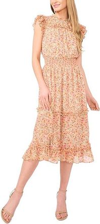 CeCe by Cynthia Steffe Smocked Waist Ruffle Tiered Midi Dress Womens Dress Mint Lime : MD, Polyester