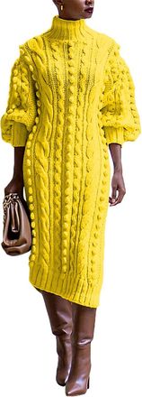 Generic Womens Cable Knit Sweater Midi Dress Puff Long Sleeve Turtleneck Casual Textured Cable Knit Side Slit Pullover Dresses (Yellow,L)