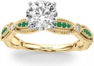 Allurez Antique Style Lab Emerald & Lab Grown Diamond Engagement Ring 14K Yellow Gold (0.20ct)