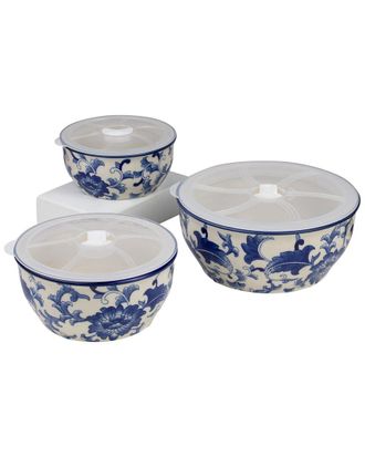 Euroceramica Blue Garden Chinoiserie 3Pc Storage Bowls Set