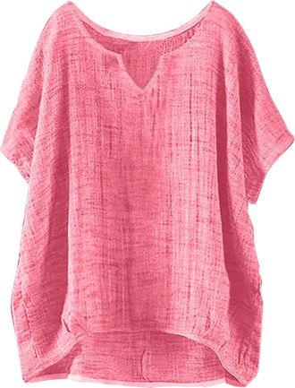 Generic Summer Womens Large Size Cotton Linen Loose Tops Ladies T-Shirts Blue Silk Office Blouses Womens Clothes Sale Clearance Womens Summer Short Sleeve Sol