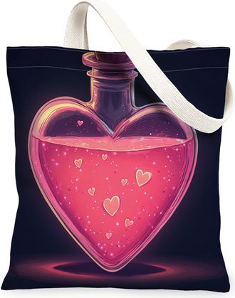 Generic Heart Potion Canvas Tote Bags, Vintage Floral Design Reusable Grocery Bags, Lightweight Washable Shoulder Strap Canvas for Shopping Travel Beach 13x15