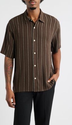 Open Edit Stripe Short Sleeve Button-Up Shirt in Brown Kiyoshi Stripe at Nordstrom, Size Xx-Large