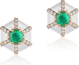 Goshwara Queen Hexagon Emerald & Diamond Stud Earrings in Green /White at Nordstrom