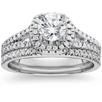 Pompeii3 1ct Halo Diamond Engagement Ring Set Split Shank Bridal Wedding 14K White Gold Size Selectable