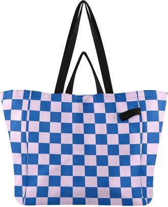 Generic Checkerboard Pink Blue print Reusable Canvas Tote Bag, Heavy Duty Grocery Shopping Bag with Hard Bottom Large Capacity Double Handles Work Groceries T