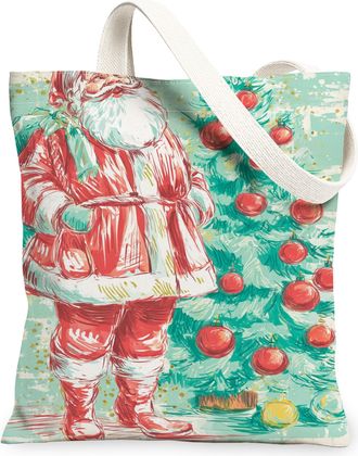 Generic Christmas Vintage Artistic Canvas Tote Bag, Santa Tree Design Reusable Grocery Bags, Lightweight Washable Shoulder Strap Ba, Red, 13x15 Inch