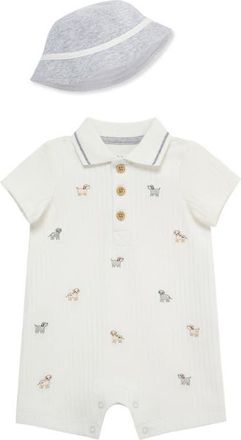 Little Me Puppies Cotton Polo Romper & Hat Set in White at Nordstrom, Size 12M
