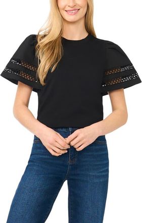 CeCe by Cynthia Steffe Embroidered Detail Short Sleeve Cotton Top in Rich Black at Nordstrom, Size X-Small
