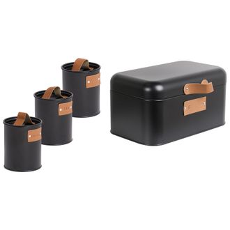 Beliani Conjunto De 4 Piezas Panera Y Botes De Metal 30 X 17 X 17 Cm Para T&eacute; Caf&eacute; Az&uacute;car Negro Reverie