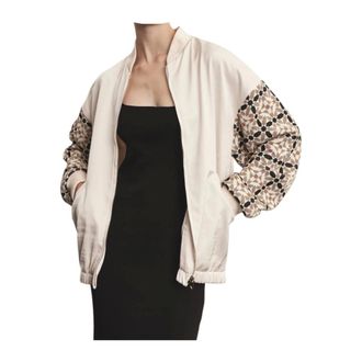Akep Bomber Jackets, female, White, Size: M Bomber with Patterned Knit Sleeves