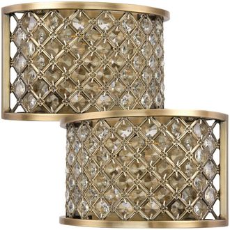 Loops 2 PACK Crystal Cage Wall Light Brass & Glass Shade Modern Twin Bulb Lounge Lamp in Clear