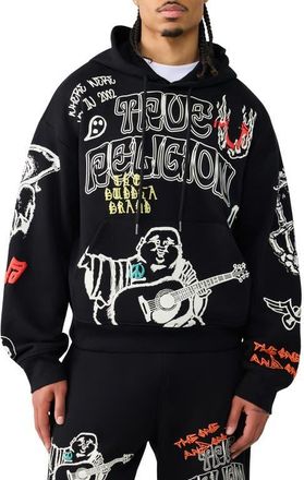 True Religion Sketch Logo Boxy Zip-Up Hoodie in Jet Black at Nordstrom, Size Xxx-Large