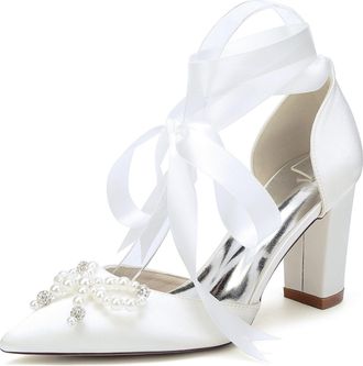 Generic Bridal Wedding Shoes Womens Chunky Heels Closed Toe Pointed Toe Heels with Bow and Crystal Pearl 8.5Cm,Ivory,10 UK
