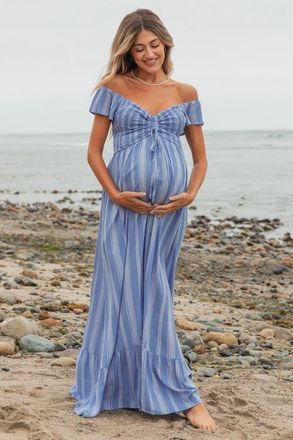 Pinkblush Striped Off Shoulder Front Tie Maxi Dress in Blue at Nordstrom, Size Medium