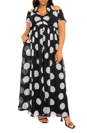 Buxom Couture Polka Dot Off the Shoulder Halter Maxi Dress in Black White at Nordstrom, Size 1 X