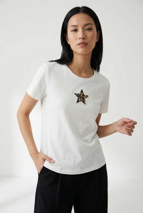 Vero Moda Print-Shirt VERO MODA VMISUMA S/S T-SHIRT JRS BTQ, Damen, Gr. XS, snow wei&szlig; print:star patch, Jersey, Obermaterial: 100% Baumwolle, unifarben mit Farb