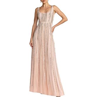 Mac Duggal Embellished A-Line Gown with Striped Details Dress in Blush at Nordstrom, Size 10