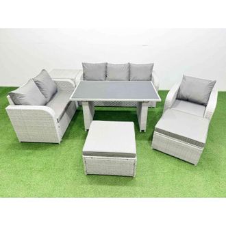 Fimous Rattan Outdoor Table Reclining Chair Sofa Set with Side Table 2 Big Stools Light Grey 8 Seater - Fimous