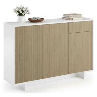 Dmora Aparador Aneto, Aparador De Sal&oacute;n, Buffet De Sal&oacute;n Con 3 Puertas Y 1 Caj&oacute;n, 100% Made In Italy, 134x35h87 Cm, Blanco Y Beige, Con Embalaje Reforzado -