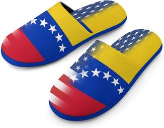 Generic U.S. And Venezuela Flag Mens Flannel Slipper Soft Comfy House Shoes Non Slip Winter Warm Indoor Outdoor Slippers