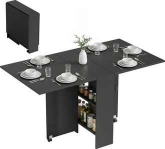 OEM Mesa De Cocina Plegable Con 2 Ruedas 2 Estantes De Almacenaje Y 2 Alas Abatibles Estilo Moderno 75x140x74 Cm Negro