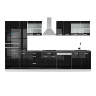 Vicco Mueble De Cocina R-line, Negro Brillo/blanco, 350 Cm Con Armario Alto, Et Antracita